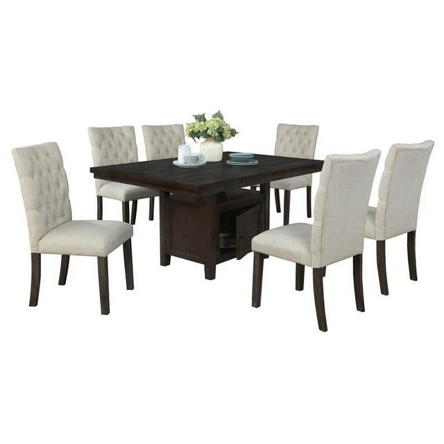Ensemble de Salle à Manger Rustique en Bois de Chêne Foncé 7pc avec Table et Chaises en Lin Beige