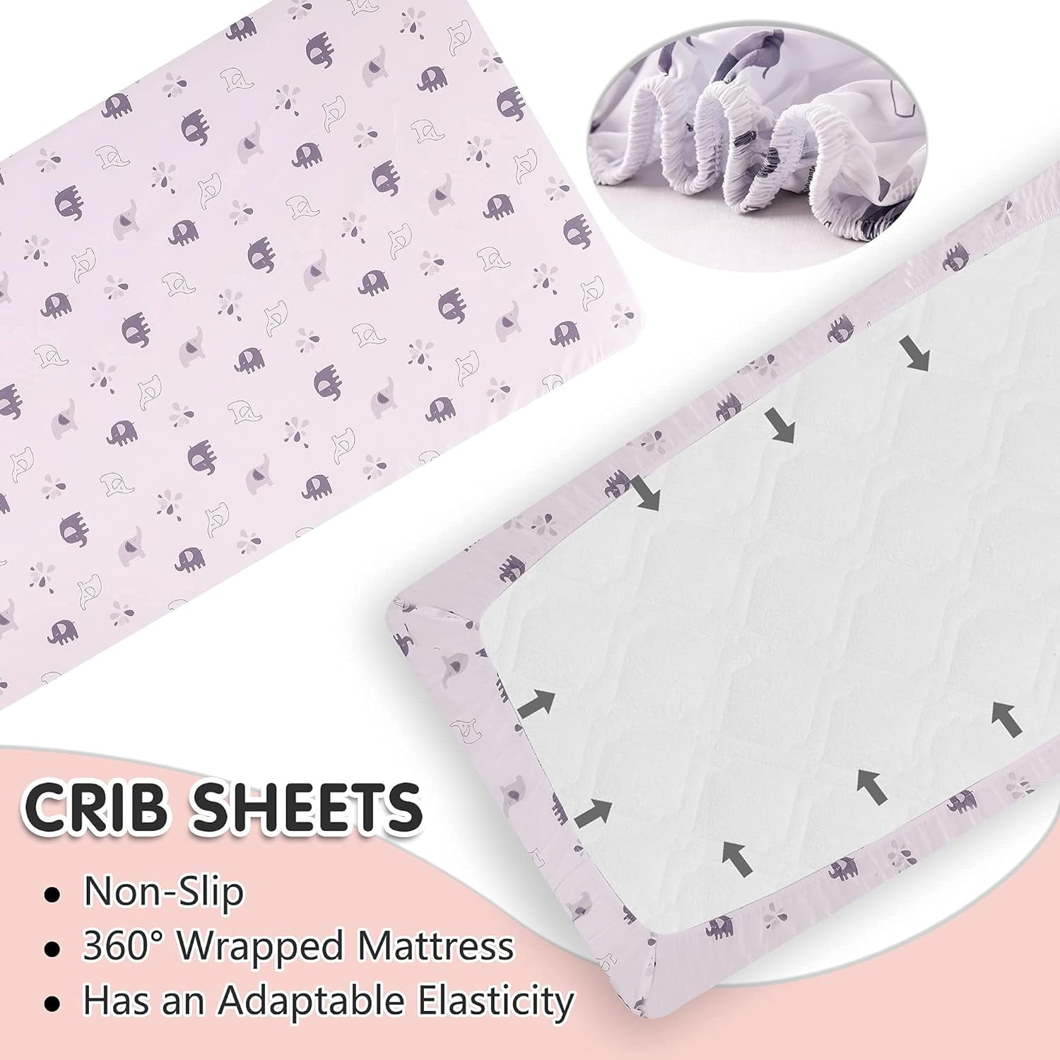 Sweet Baba Gray Elephant Crib Bedding Sets for Boys 4 Pcs, Baby Girls Set Included Comforter, Fitted Sheet, Crib Skirt & Blanket for Nursery Standard Size Neutral