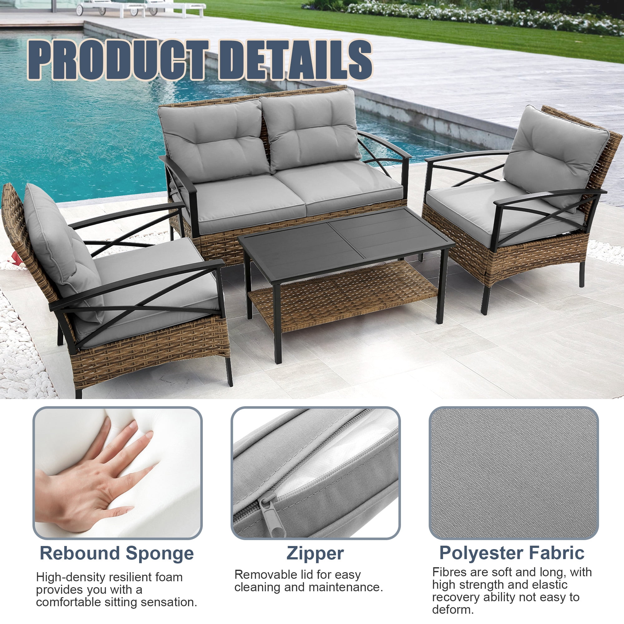 MOONMISS 4-Piece Wicker Outdoor Garden Furniture Corner Sofa Set With Cushions-Gray