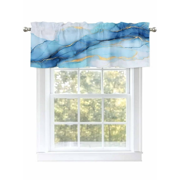 Valance Curtain Ombre Light Blue Marble Kitchen Curtain for Window Waves Abstract Art Rod Pocket Curtain Valance Window Treatment for Kitchen Bathroom Dining Room 1 Panel 54x18inch