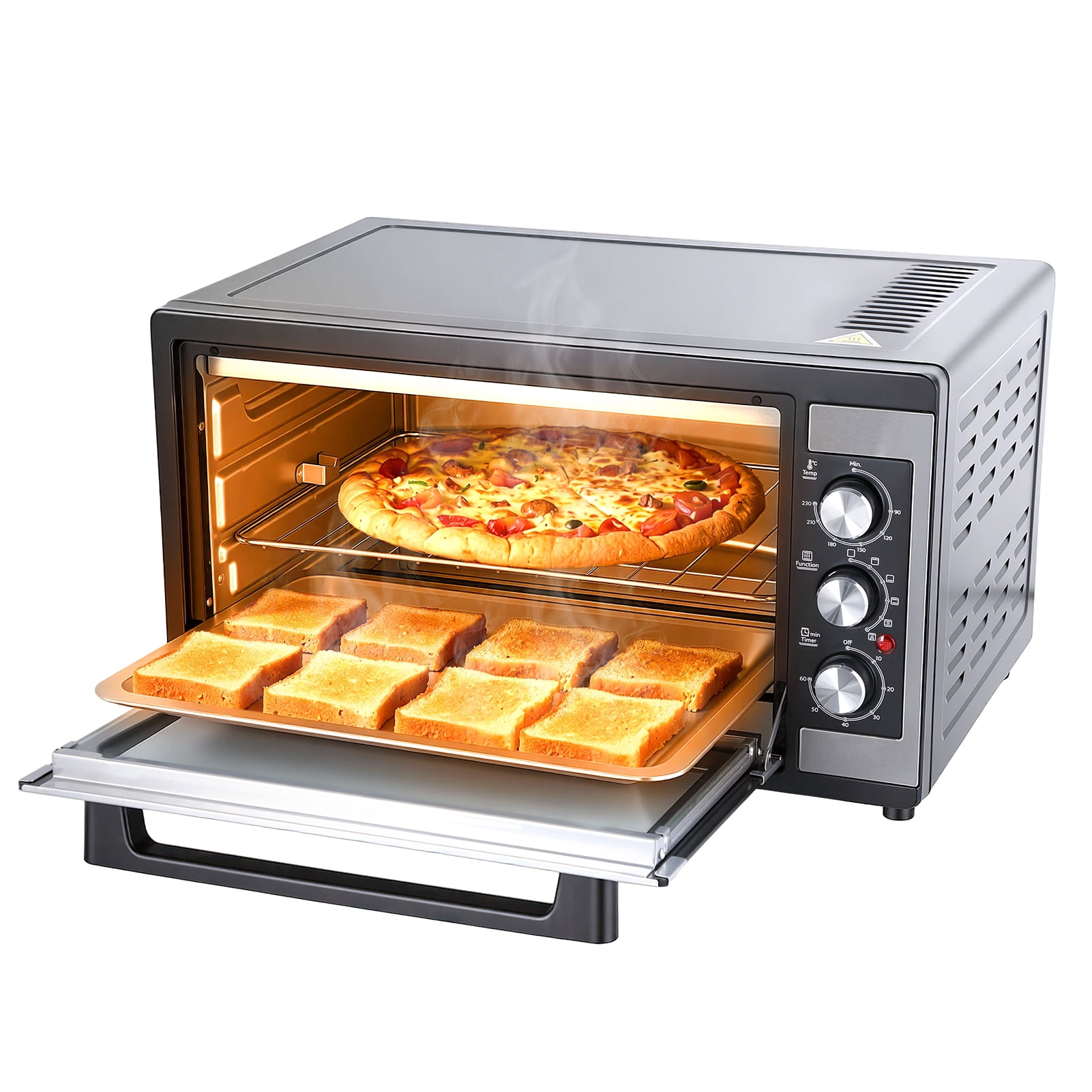 Large 46L Convection Toaster Oven, 9-in-1 Kitchen Countertop Oven with Crispy Roast, Dehydrate, Rotisserie, Includes 6 Accessories, 1500W, Black, Stainless Steel
