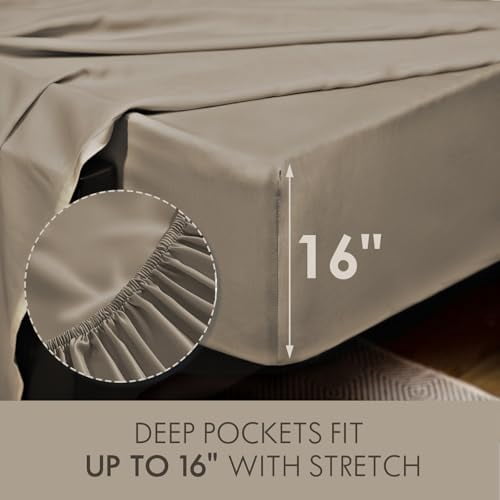 ClevaHome 4-Piece Queen Bamboo Bed Sheet Set, 100% Organic Cooling Fabric, 16" Deep Pocket, Taupe