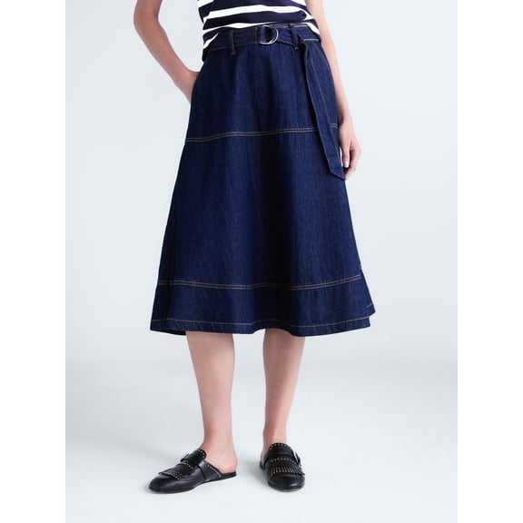 Free Assembly Women's Belted Denim Panel Skirt, Sizes 0-20