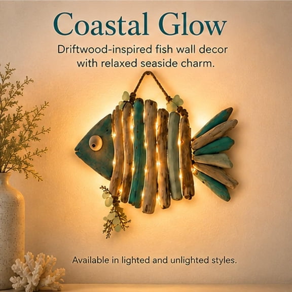 Lighted Coastal Fish Wall Decor, Summer Nautical Hanging Fish Decoration with Ocean Beach Theme Design, Rustic Seaside Home Decor, Unique Marine Inspired Wall Art Ornament