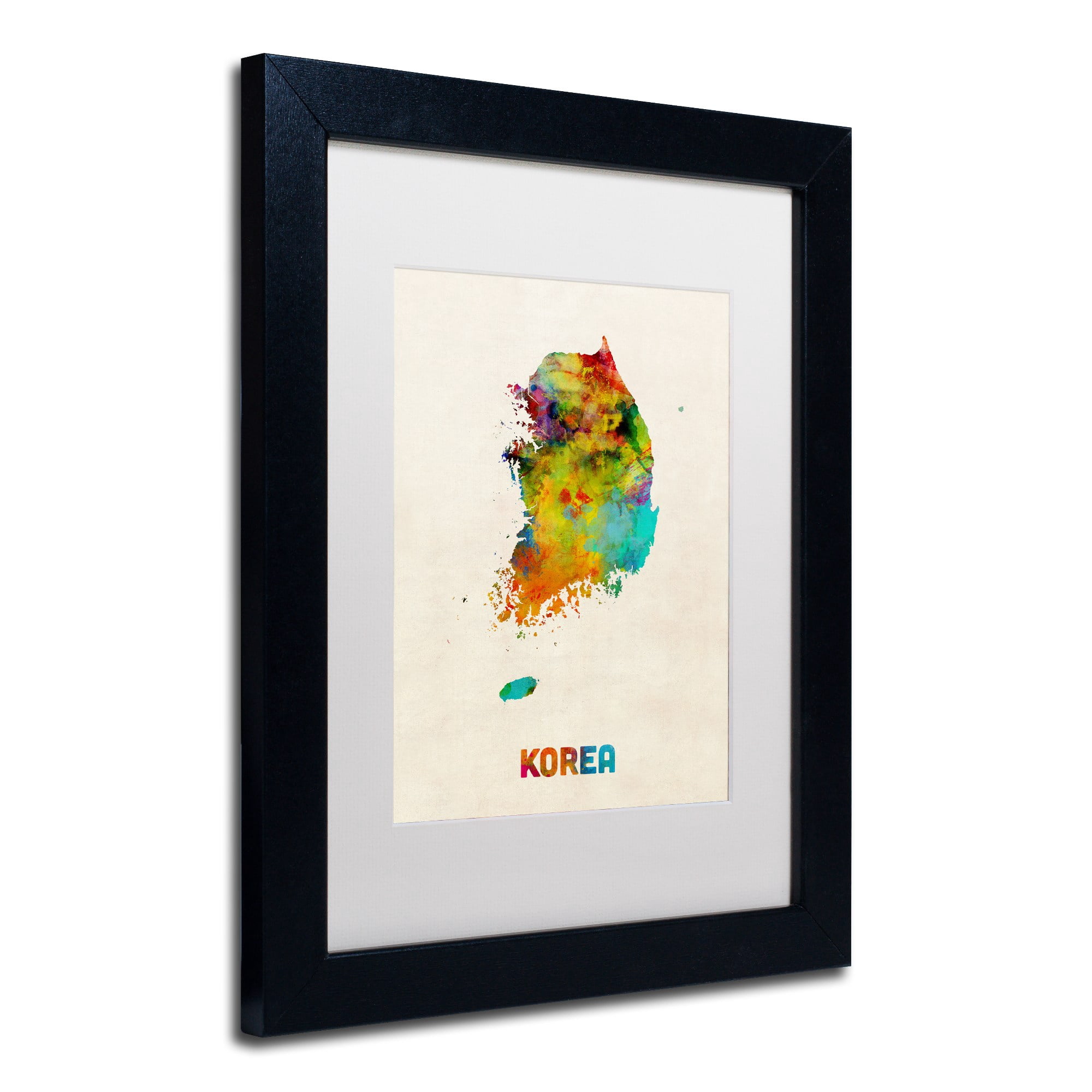 Trademark Fine Art ''Korea Watercolor Map'' by Michael Tompsett 16" x 20" White Matted Black Frame