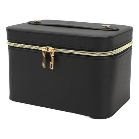 Black Makeup Bag with Mirror Large Capacity PU Leather Cosmetic Case for Travel