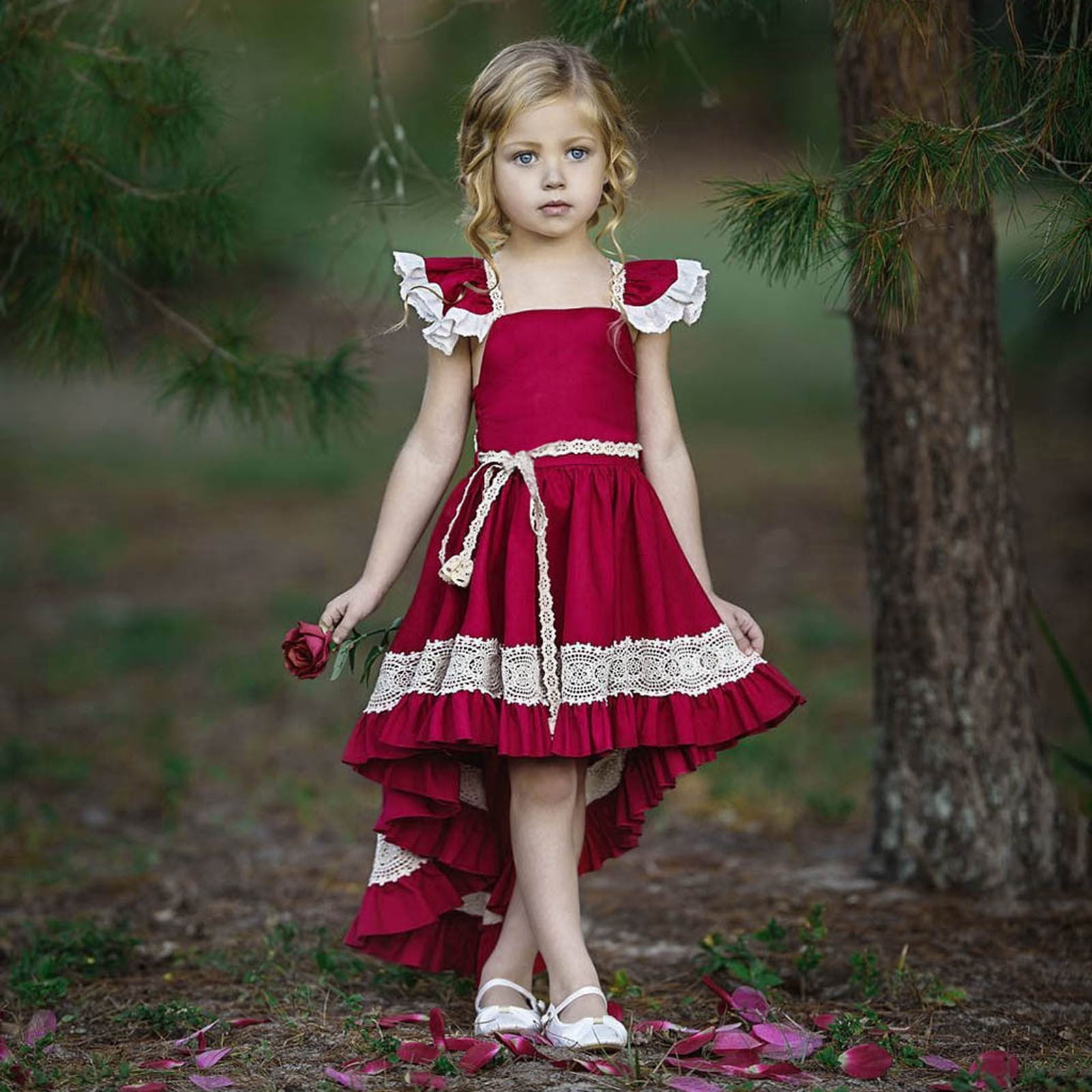 zanvin Toddler Clothing Toddler Kids Baby Girls Cute Summer Flying Sleeves Lace Hollow Out Irregularity Long Dress