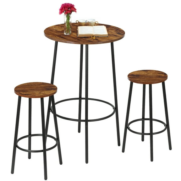 LiteHaven 3 Piece Modern Pub Dining Set for 2, Compact Round Counter Height Bar Table w Bar Stools Steel Frame for Kitchen Nook Small Space,Rustic Brown