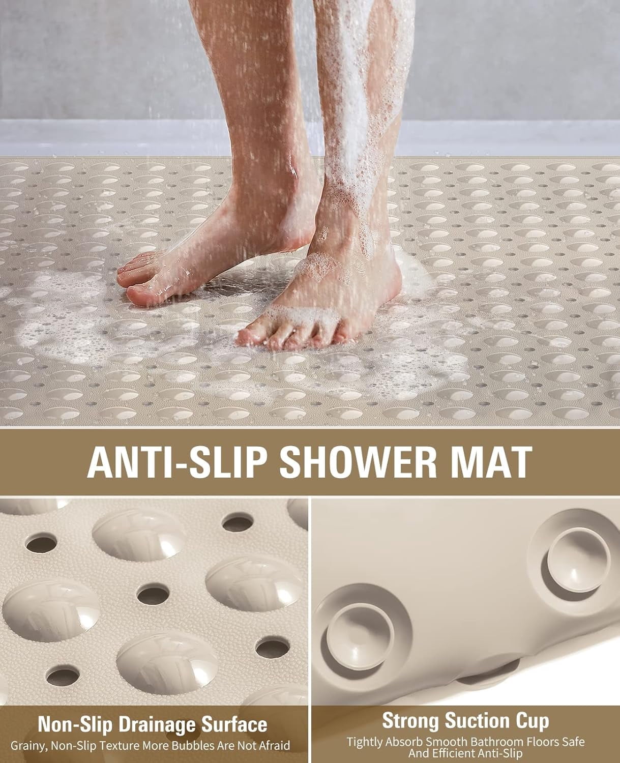 Yolife Shower Mat 31.5"x31.5" - TPE Non-Slip Bath Mat/Suction Cups & Drain Holes, Heavy Duty for Shower Stall, Odor-Free,Beige