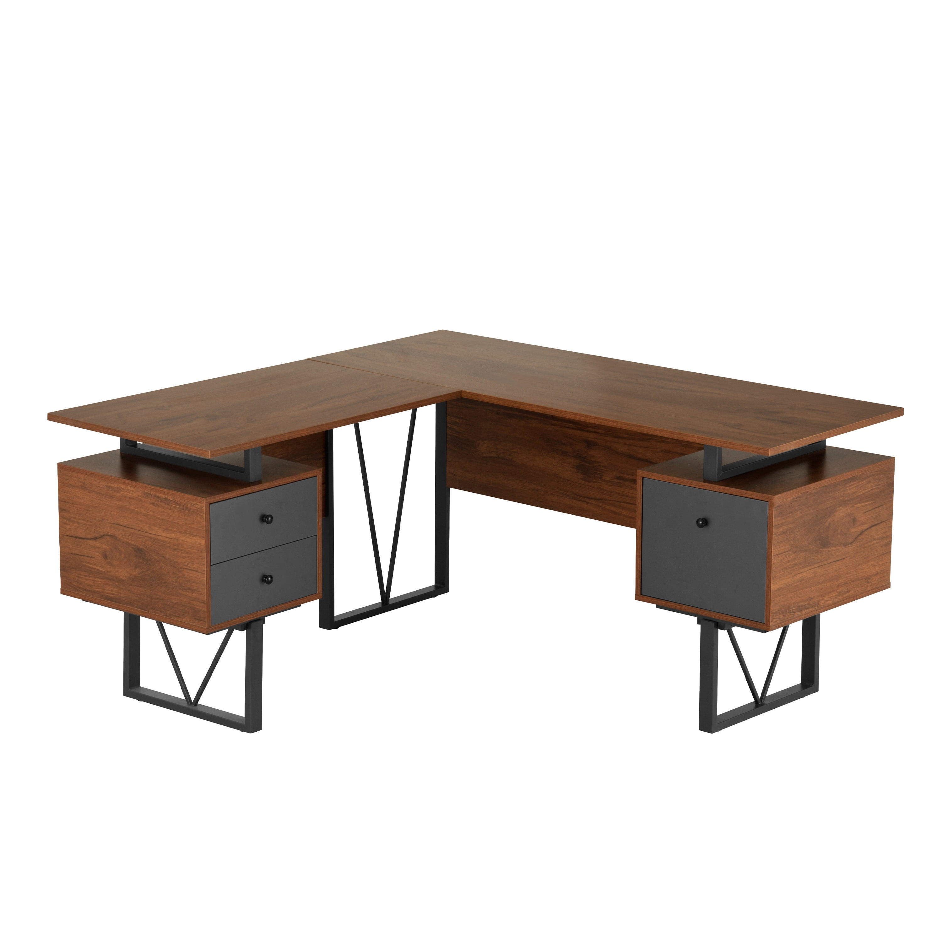 Techni Mobili Reversible L-Shape Computer Desk with Drawers and File Cabinet, Walnut/Gray RTA-4809DL-WAL