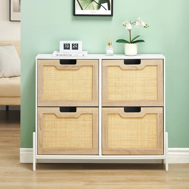 Rustic oak rattan shoe gabinete con 4 flip cajones: freestanding, narrow shoe almacenamiento para entrada o hallway (blanca y oak)