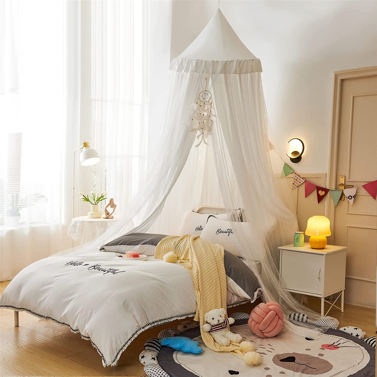 Bed Canopy for with Lights,Double Layer Princess Round Dome Dreamy Mosquito Net Bedding Girls Room Castle Play Tent Hanging House Decor Reading Nook Canopies(Beige Pink/White)
