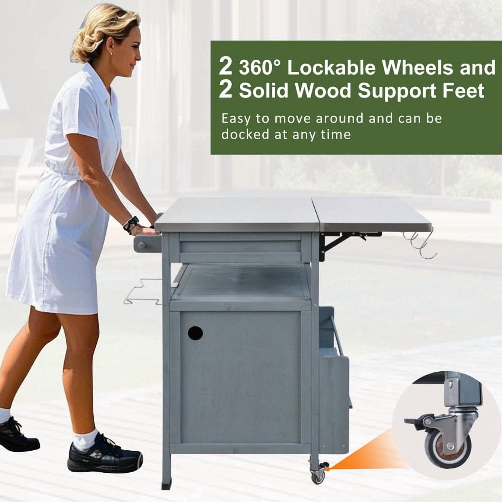 Outdoor Grill Cart with Stainless Steel Top, Wood Kitchen Island Storage Cabinet with Drop Leaf and 1 Drawer, Rolling Kitchen Cart with Lockable Wheels