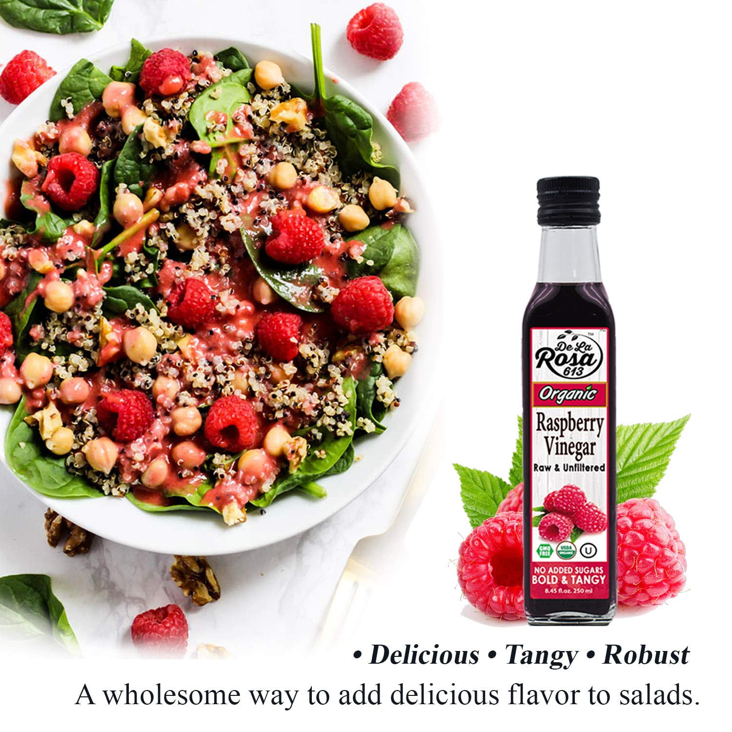 De La Rosa 613 Organic Raspberry & Pomegranate Vinegar, Raw & Unfiltered, Pure Vinegars, 8.45 Oz (2 Pack)