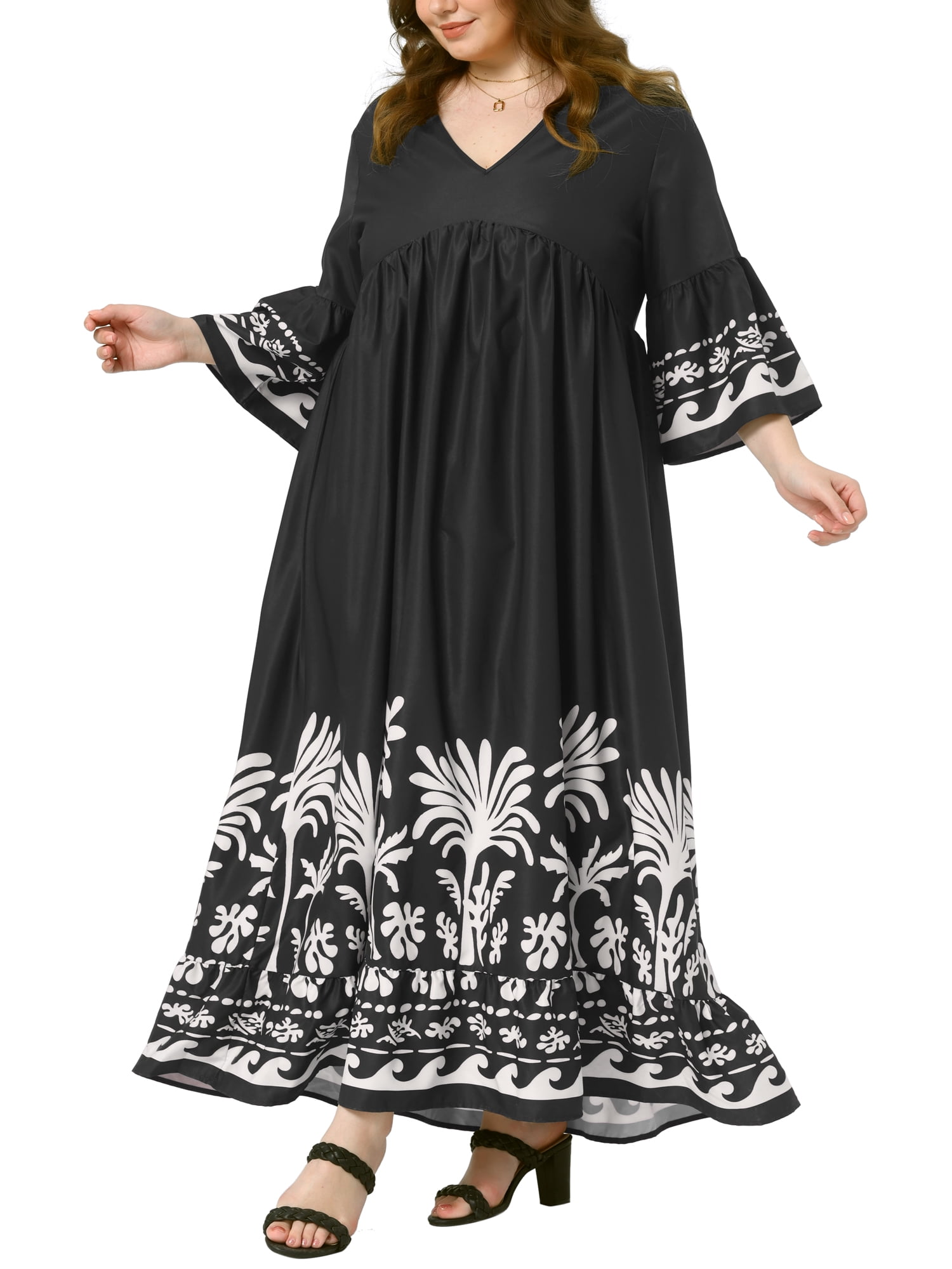 DARING DIVA Plus Size Maxi V Neck Babydoll 3/4 Flare Sleeve Dress 1X Black