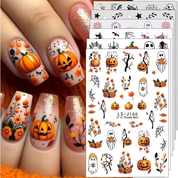 SELVORIA Halloween Nail Art Stickers Decals 3D Pumpkin Ghost Nail Decals 6PCS Skull Ghost Virus Leaf Bat Halloween Nails Design 3D Self-Adhesive Nail Art Supplies Manicure Sticker for Women Holiday