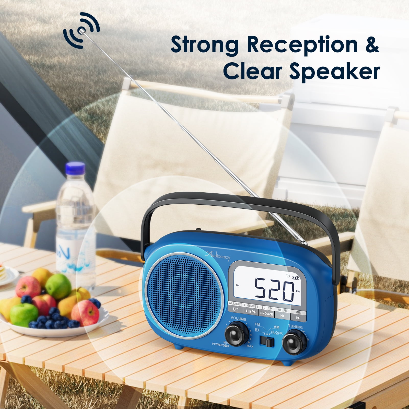 Portable AM FM Rechargeable Radio with Best Reception, Digital Time/Station Display,AC Power or Battery Power Radio with Bluetooth Speaker for Home/Kitchen/Outdoor Blue