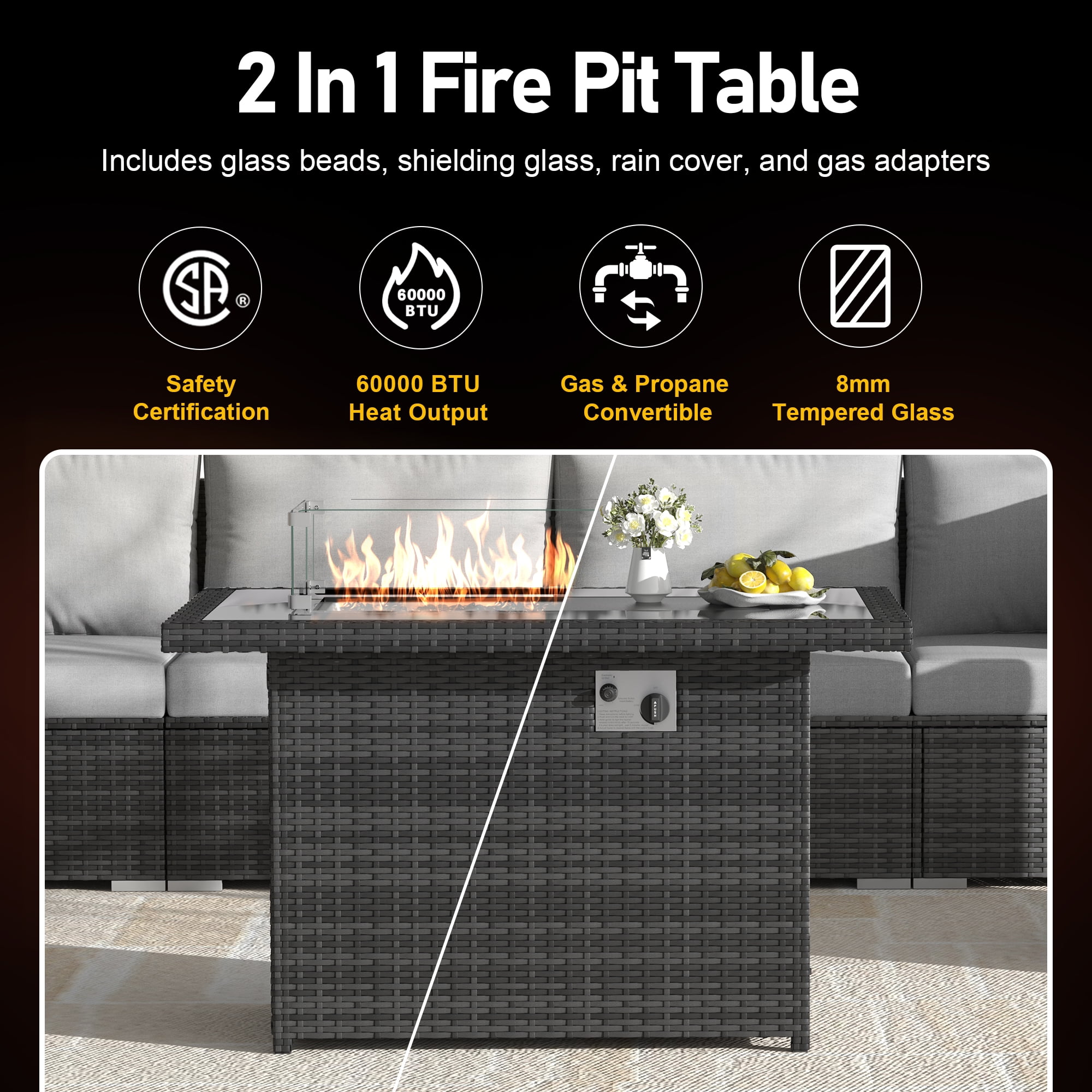 RADIATA 12-Piece Patio Furniture Set with Fire Pit Table, Outdoor Sectional with 43" 60000 BTU Firepit Table, Double Chaise Lounge, High Back Wicker Outdoor Sectional with Fire Pit Set,Light Gray