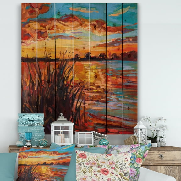 Designart 'The Lake At Sunset Evening Glow I' Nautical & Coastal Print on Natural Pine Wood