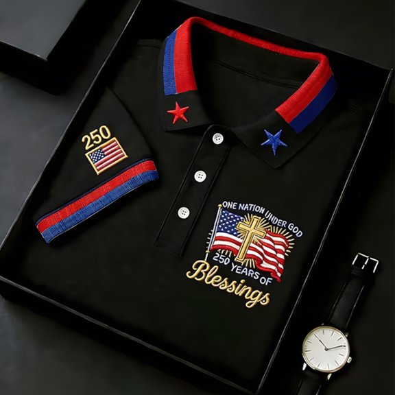 EliteGoogv Men Polo Shirt Patriotic Commemorative Graphic Print Short Sleeve Collared Shirt For Men 4th of July Outfit 250th Independence Day Black 5XL