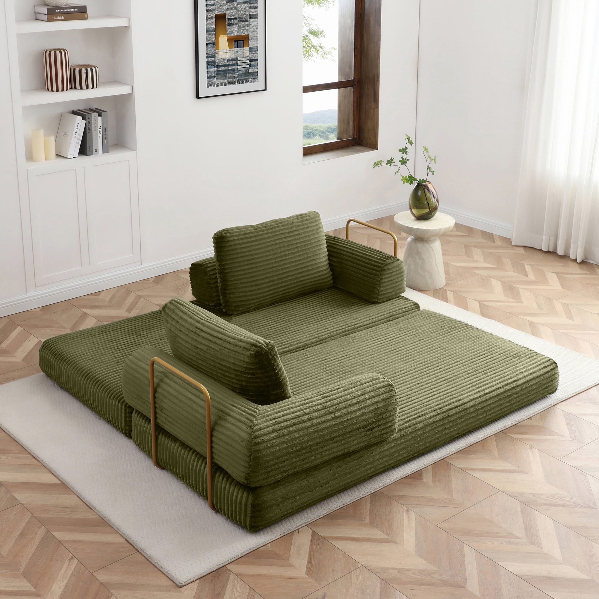 79.5" Convertible Sofa Bed,Folding Sleeper Sofa Couch Bed with Fixed-Shape Frame,Corduroy Fold Out Sleeper Loveseat for Living Room,Bedroom,Apartment,Green