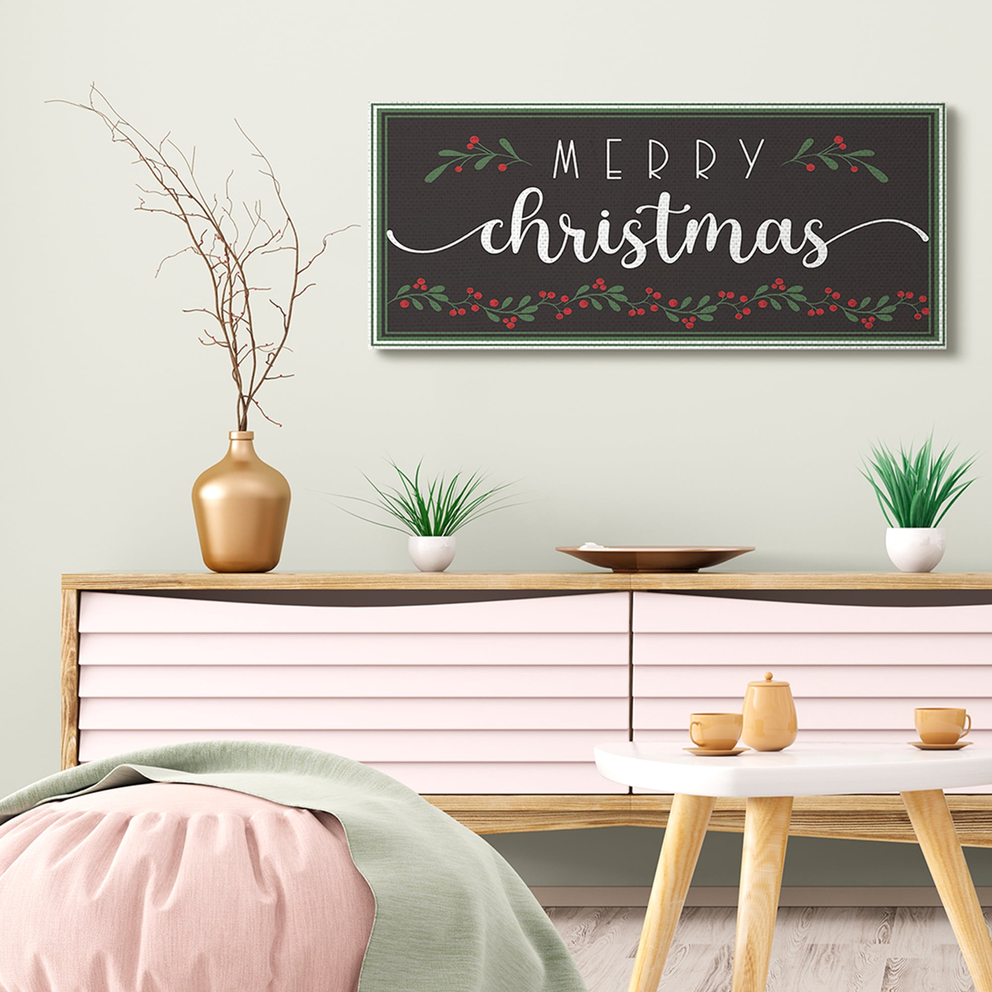 Stupell Industries Merry Christmas Phrase over Black Festive Holly Canvas Wall Art, 17 x 40, Design by AE Design