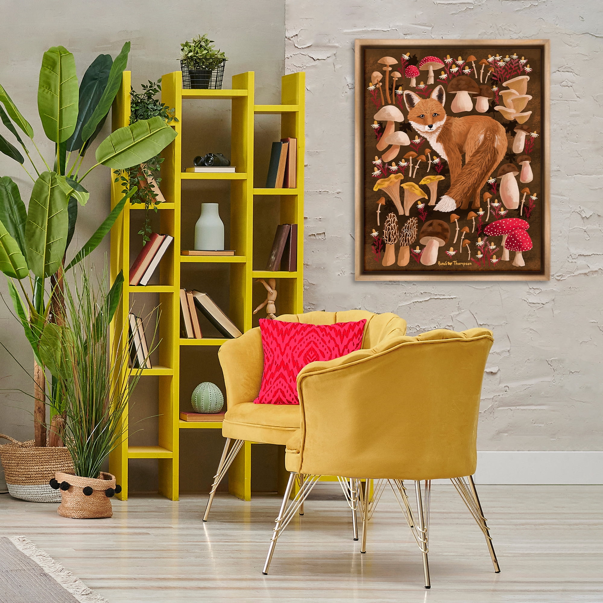 Stupell Industries Fox & Cottage Mushrooms Animals Painting Brown Floater Framed Canvas Art Print Wall Art, 25 x 31