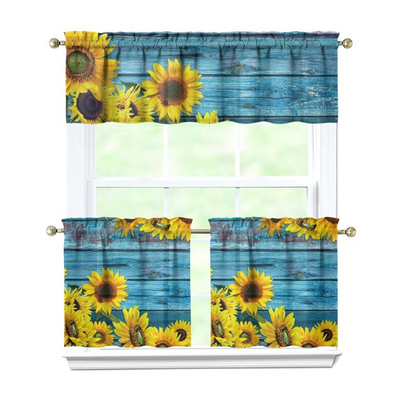 Kitchen Curtains 24 Inch Short - 3 Panel Set, Boho Sunflower Butterfly Floral Print, Rod Pocket Window Curtain for Rustic Farmhouse, Country Vintage Summer Decor, Easy Wash