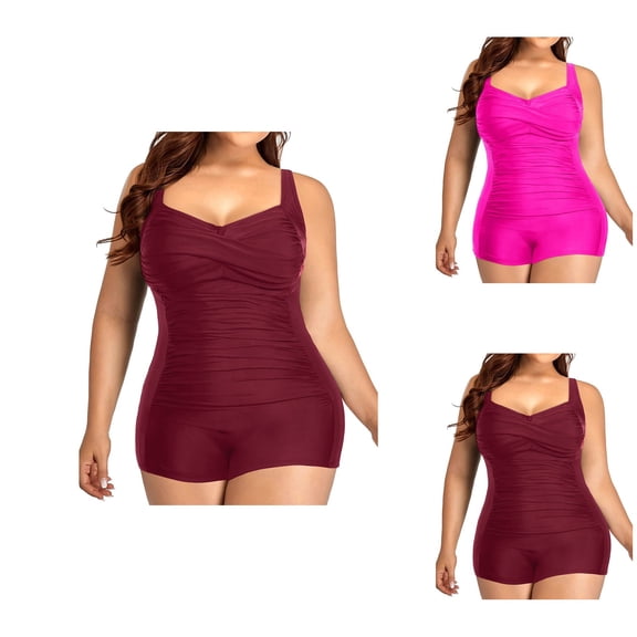 Womens One Piece Ruched Tummy Control Swimwear, Plus Size Retro Front Boyleg Bathing Suit
