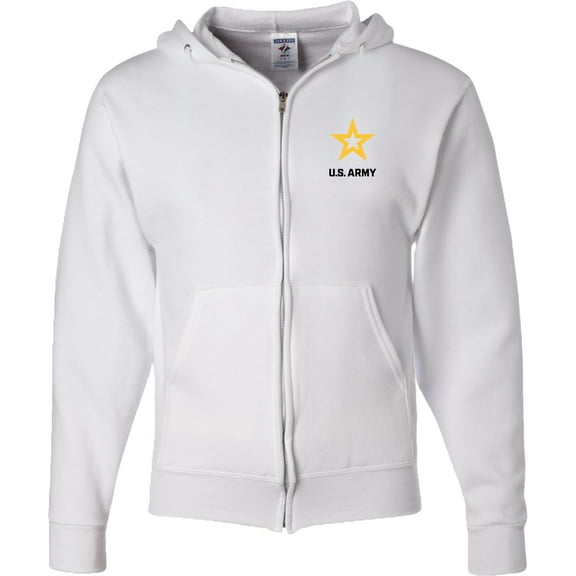 US Army Star Logo Black Chest Print Full Zip Hoodie, Small White