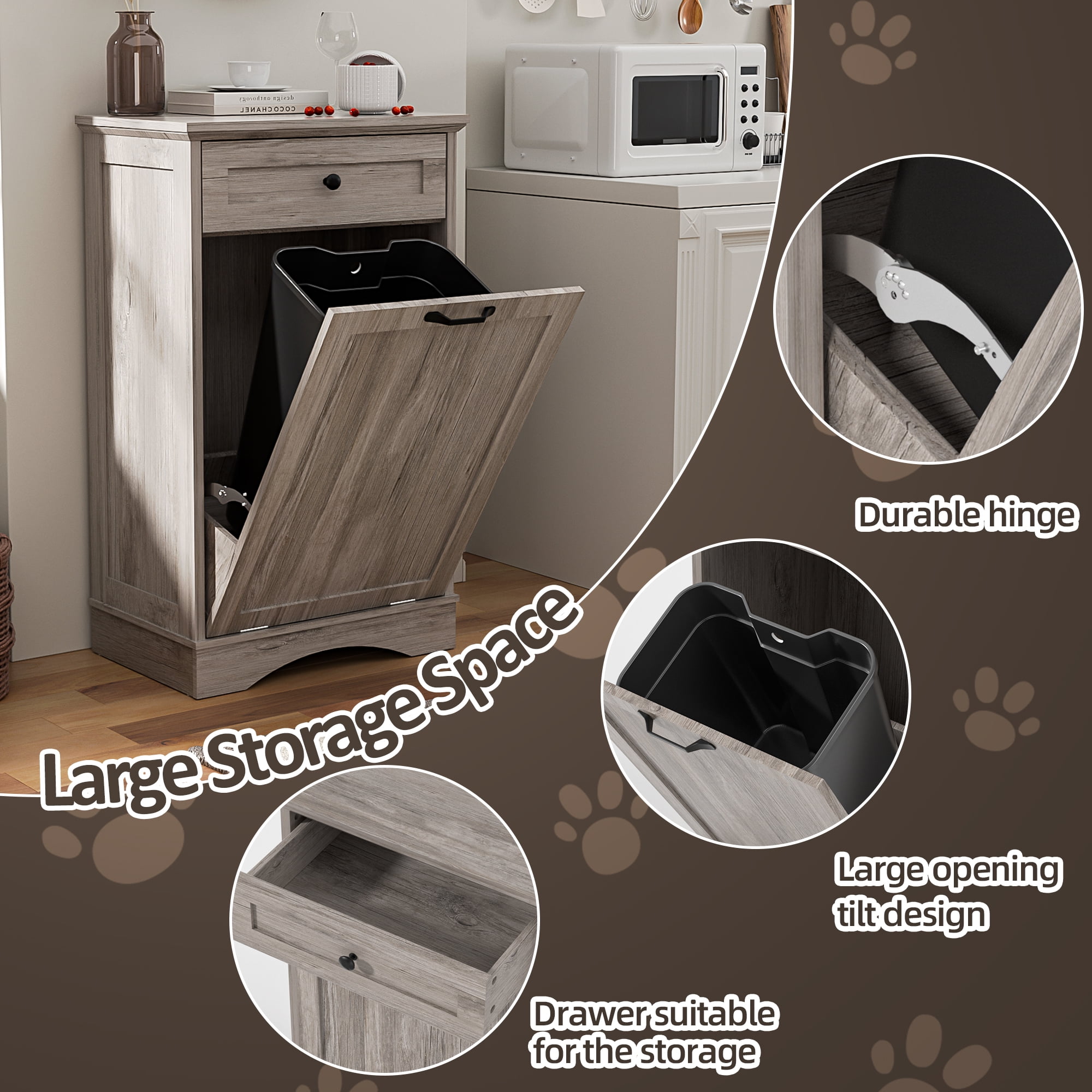 HARIPUL 13 Gallon Tilt Out Trash Cabinet for Kitchen, Single Kitchen Trash Can Cabinet with Drawers, Light Brown