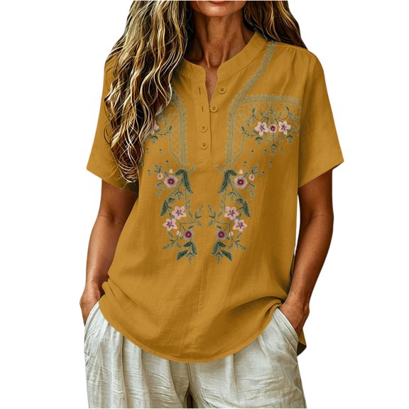 JULMCOMO Cotton Linen Shirts for Women Floral Embroidery Henley Short Sleeve Loose Vintage Blouses Comfy Casual Shirts Gold 2XL