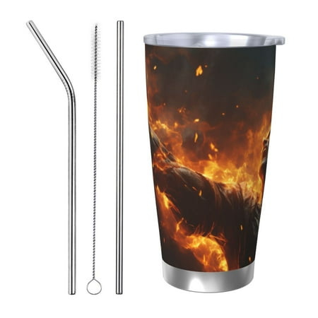 

Gaeub Cool Fire Man Print 20-Ounce Stainless Steel Car Cup Tumblers Cups with Lids and Straw Coffee Cups for Adults Kids Home Car Office School Travel Party-Straw Three-piece Set