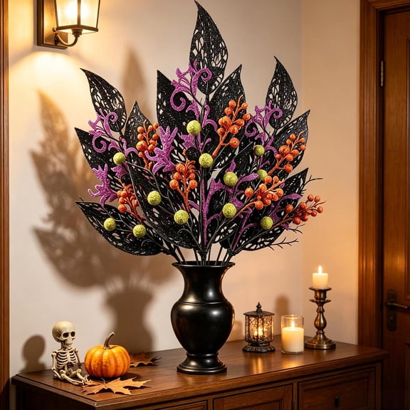 Halloween Artificial Glitter Leaf Sprig Berry Dense Bouquet Decoration, 15.75 Inch Durable Vivid Color Vase Floral Arrangement Ornament for Table Office Home Party Spooky House Mantel Display