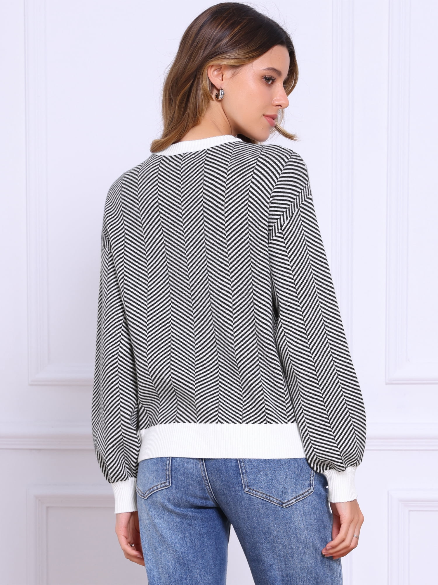 DARING DIVA Striped Sweater Crewneck Colorblock Knit Pullover Top XS Black White