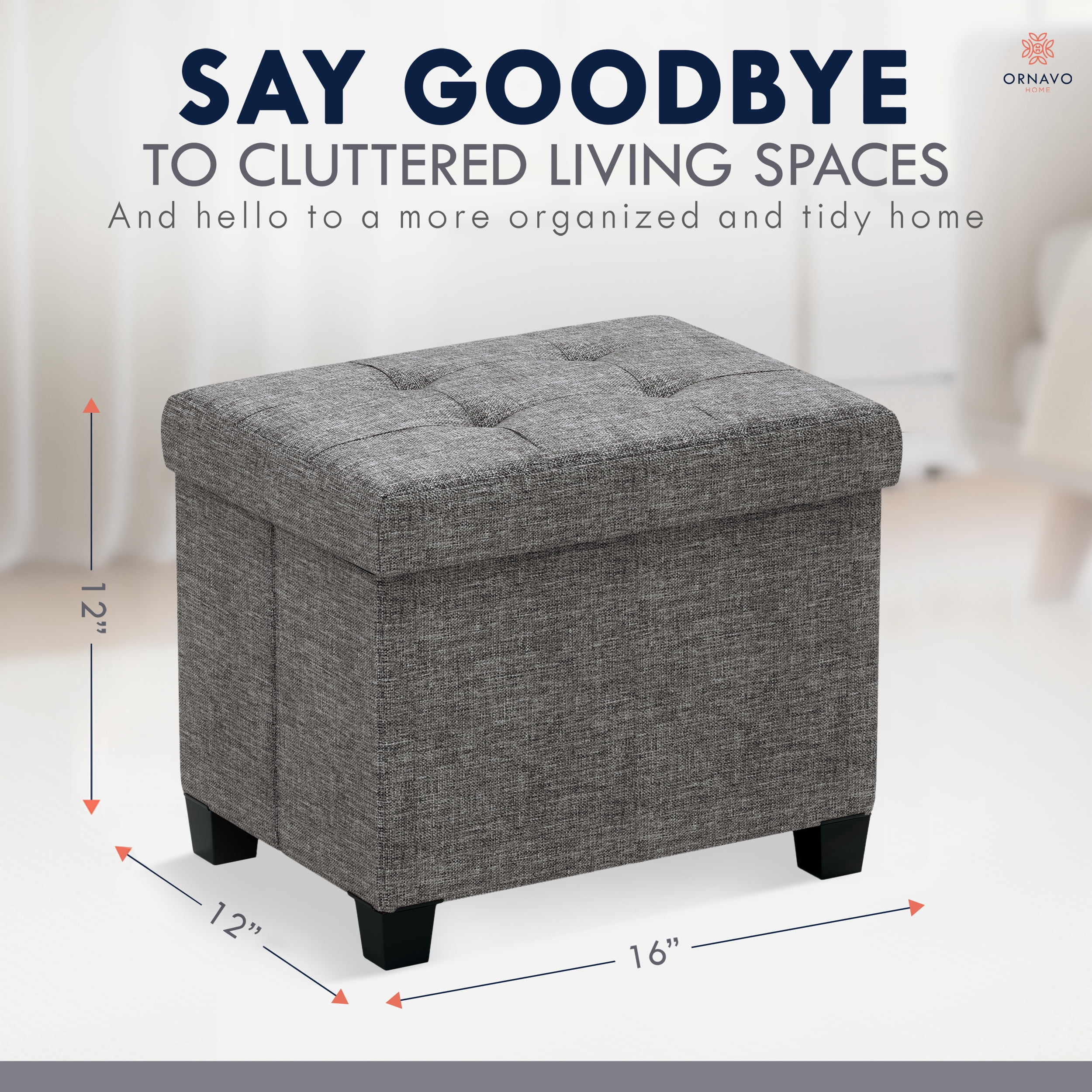 Ornavo Home Storage Ottoman Small Rectangle Ottoman with Legs, Foot Rest Stool Seat, Load up to 600 LB, for Living Room, Bedroom, Home Office, Dorm - 12 x 16 x 12, Dark Gray