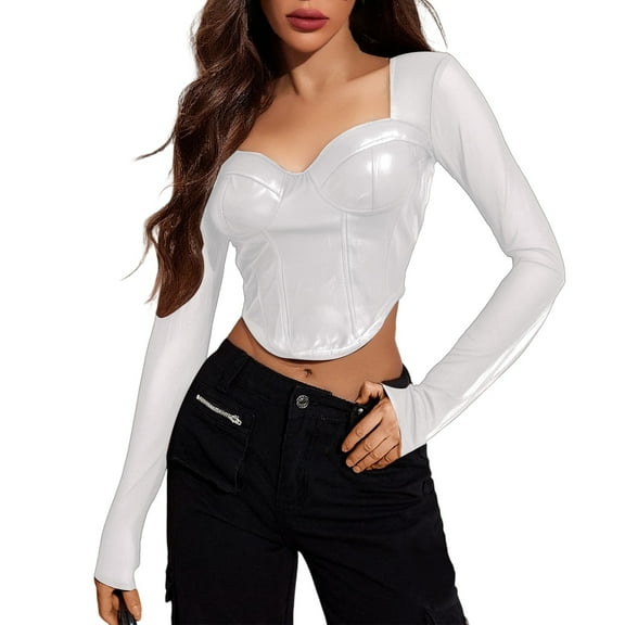 Arlun,Women's Sexy Cropped Long Sleeve T Shirts Fashion PU Leather Splicing Slim Fit Tshirts Ladies Thin Square Neck Solid Color Mesh Comfortable Breathable Stylish Tops White ONE SIZE