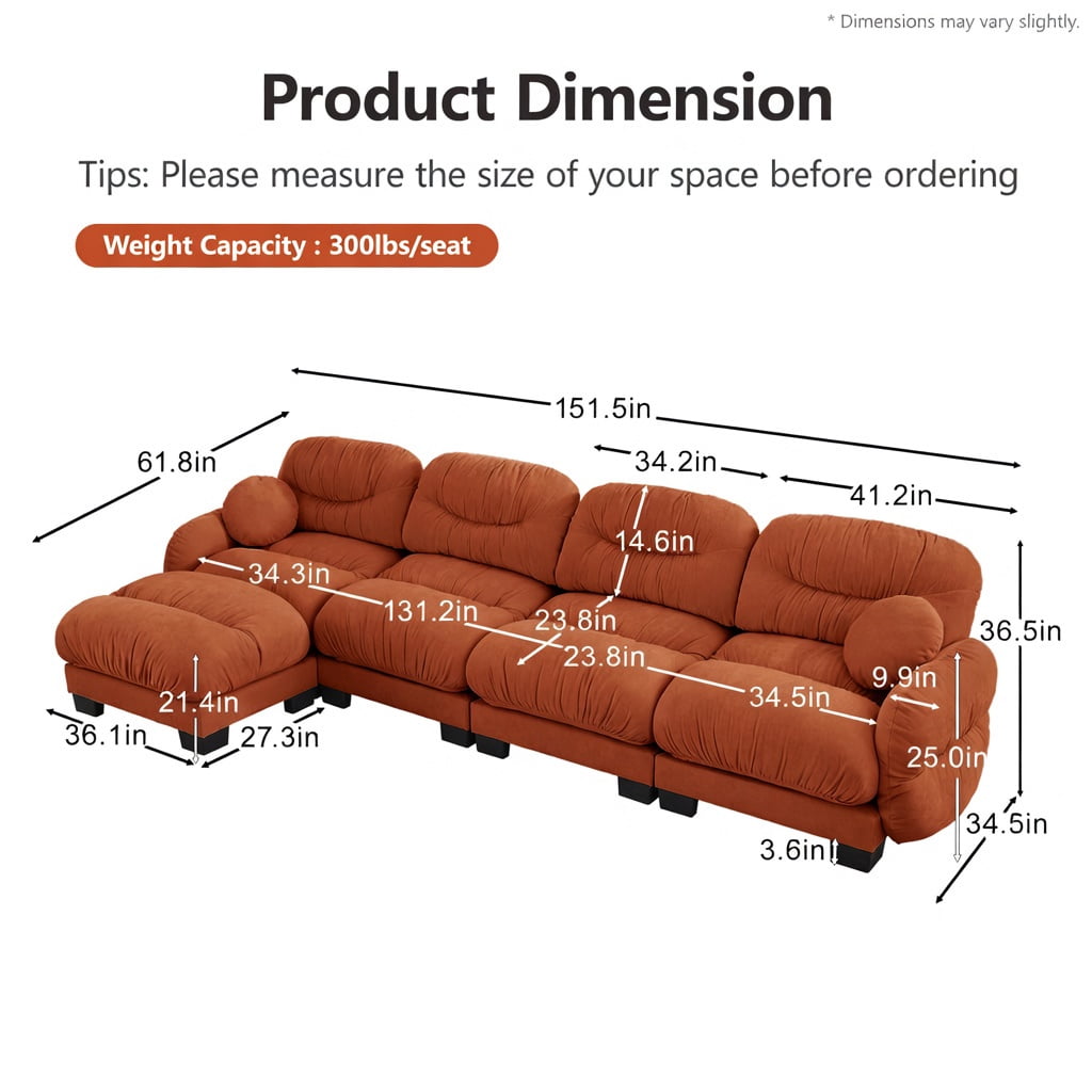 Hommoo Chenille 4-Piece L-Shaped Modular Sectional Sofa Set with Ottoman, Ergonomic High-Density Foam Cushions, Curved Armrests & 2 Throw Pillows, Pleated Back Design, Orange