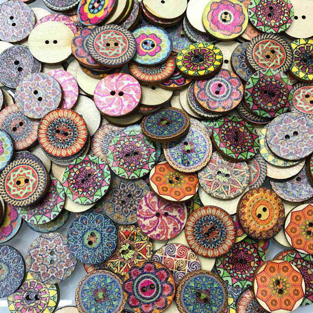 100pcs 1Inch Wooden Buttons with Floral Patterns 2 Holes Retro Buttons for Crafts Sewing DIY Handmade 25mm 
