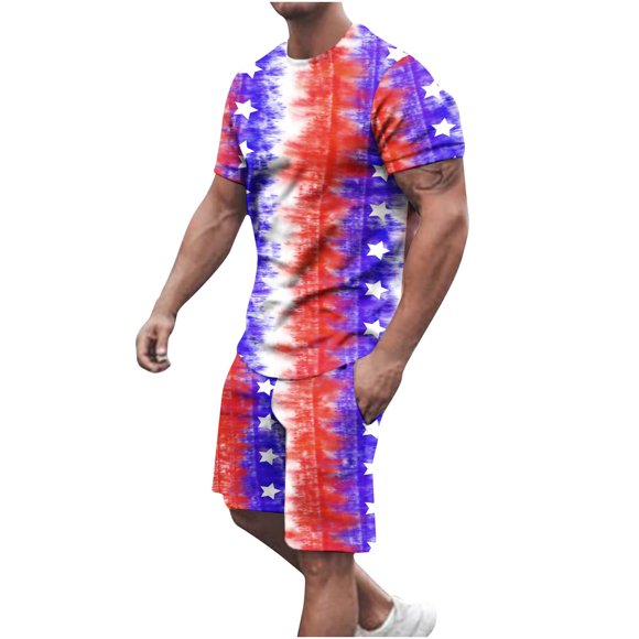 Birdeem Mens 3D Unlimited Independent Day Printing Set with Round Neck Short Sleeve T-Shirt Elastic Waist Shorts Casual Sports Holiday Top Shorts Two Piece Set