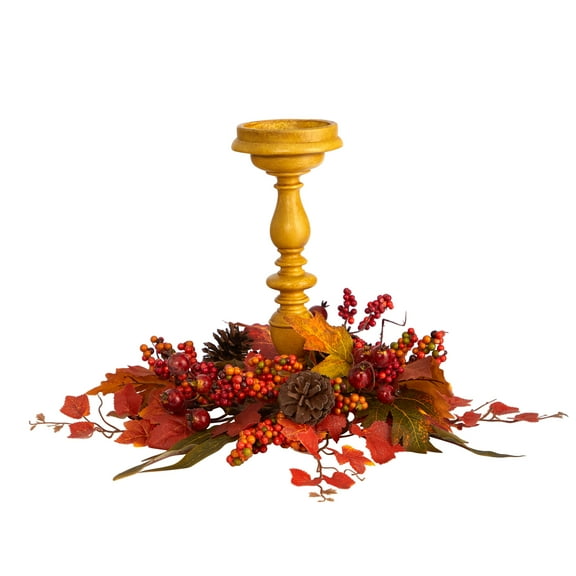 Nearly Natural 15" Harvest Fall Candelabrum Artificial Flower Arrangement, Orange