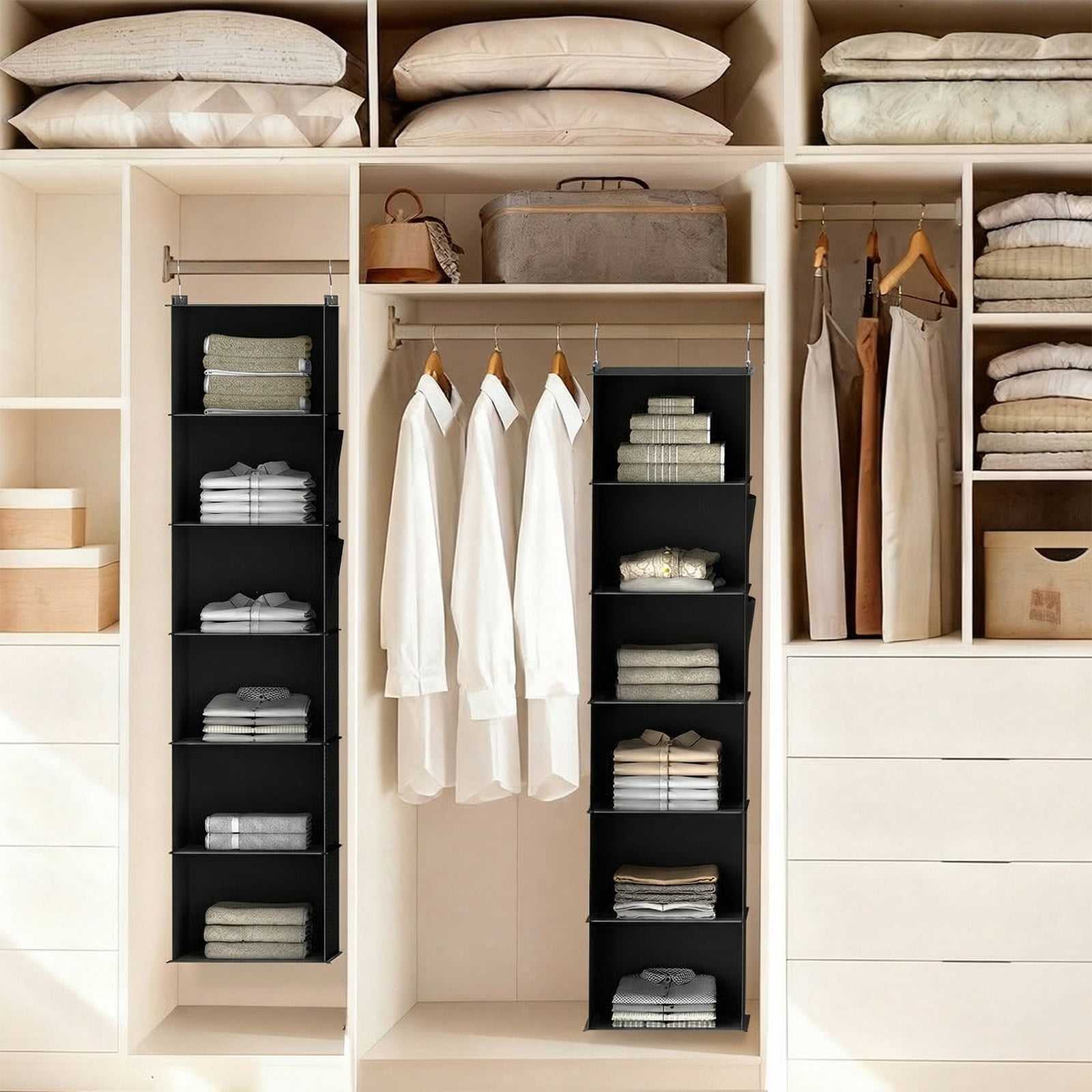 Closet Hanging Storage Shelves, 6-Shelf Hanging Closet Organizer with Bamboo Inserts, Foldable Closet Organizers and Storage for Bedroom,Sturdy Hook Closet Storage W/ 2 Side Pockets,Gray