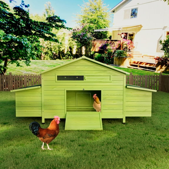 YZU Wooden Chicken Coop Outdoor Hen House Poultry Pet Hutch Run Cage with 2 Nesting Boxes Duck Coop with 2 Free-Range Doors Waterproof Roof Removable Tray (Green)