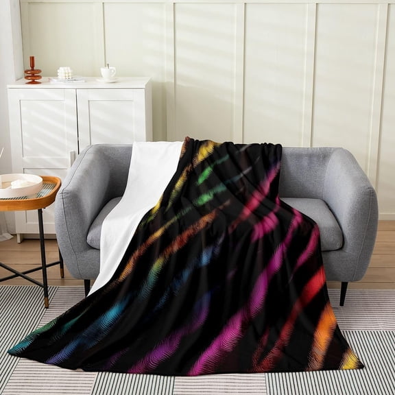 Rainbow Striped Sherpa Throw Blanket for Couch Bed Black Fuzzy Fleece Blanket