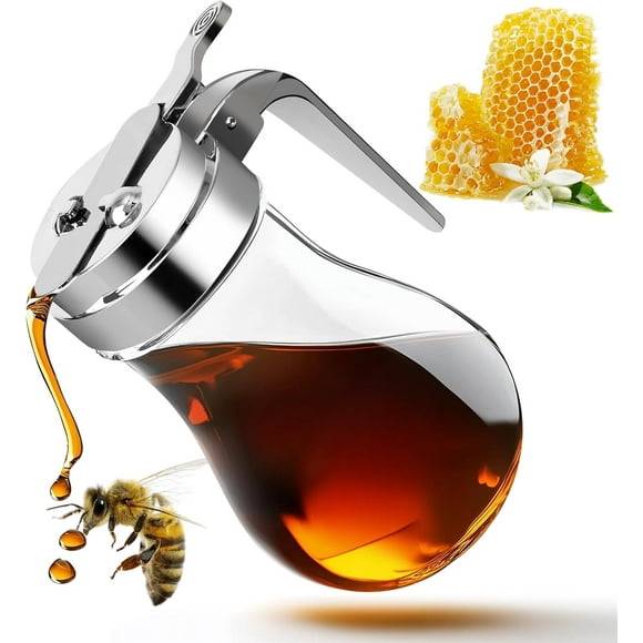 Yopinmall Distributeur de Miel en Verre 14 OZ, Distributeur de Sirop Sans Goutte avec Couvercle en Acier Inoxydable, Pot de Stockage de Miel 200 ml