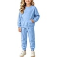 thumbnail image 5 of NordicNest Girls Two Piece Set Casual Fall Outfit with Pocket Kids Plain Color Fashion Sports Outfits Warm Clothes Light Blue,6-7, 5 of 7
