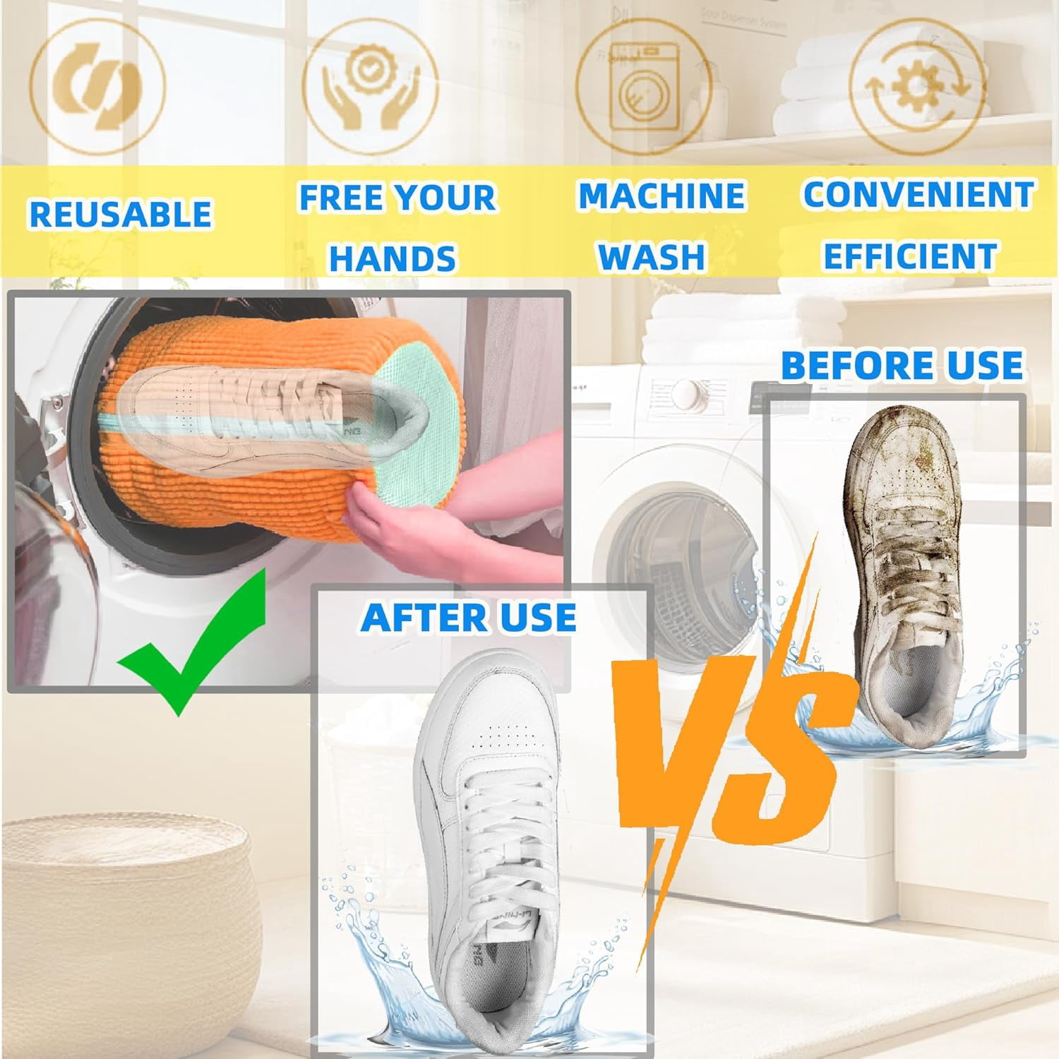 Shoe Washing Machine Bag Laundry Shoe Bag for Washer and Dryer Reusable 2pc Shoe Cleaning Bags for Sneakers 360° Deep Cleaning Machine for All Shoes Types With Self-locking Zipper Light Orange 2Pcs