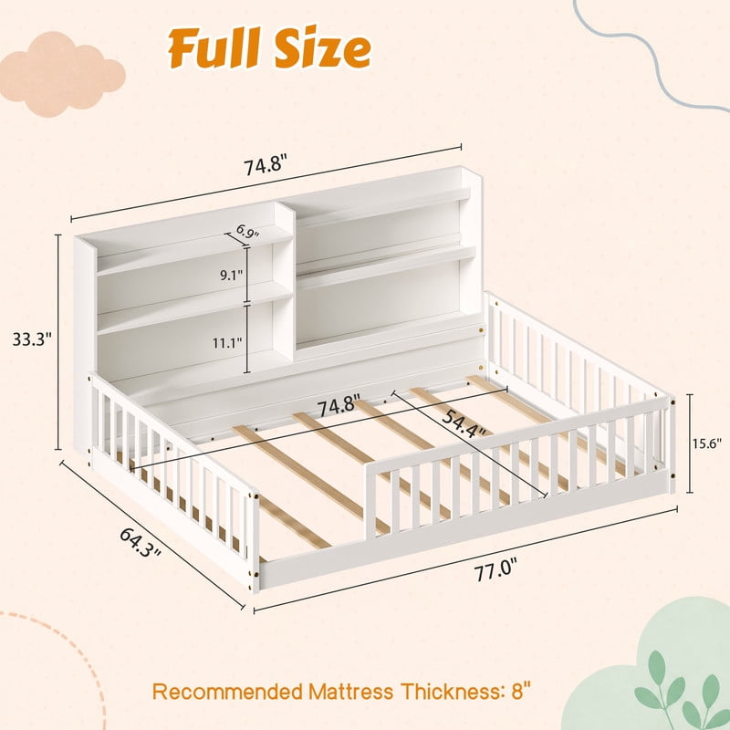 Full Size Kids Montessori Floor Bed with Bookshelf & Safety Guardrail, Wood Low-Profile Platform Bed Frame with Slats