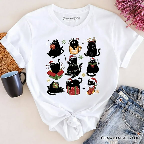 Christmas Black Cats T‑Shirt, Whimsical Cats with Santa Hat Tee
