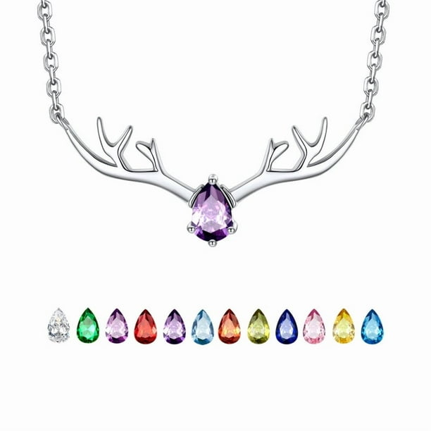 Collar de plata para mujer Silvora Collares con colgante único de cuerno de ciervo Cristal sintético Piedra natalicio Regalos de Navidad para mamá, hija, esposa
